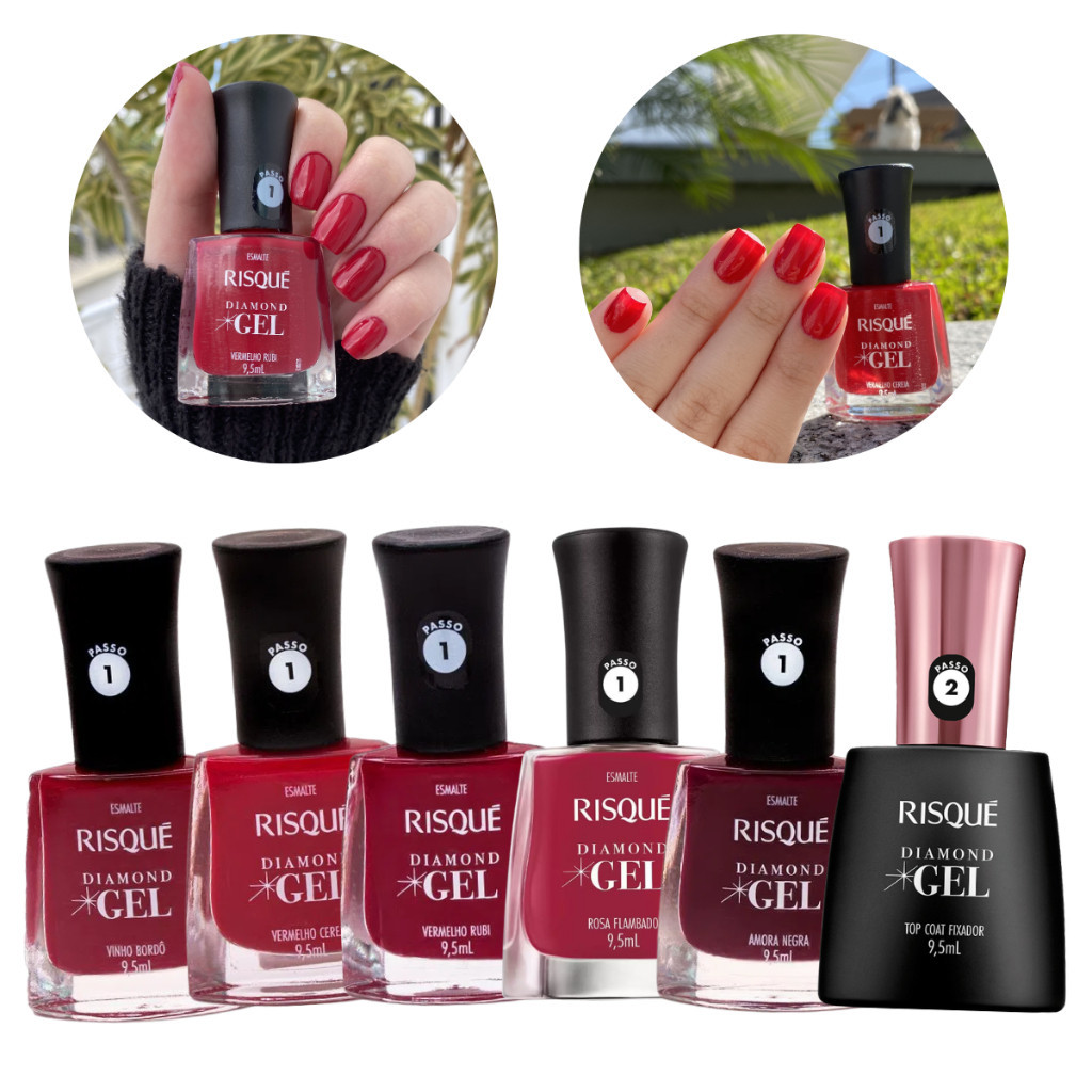 Kit 6 Esmaltes Risque Tons Escuros E Top Coat Tendência Coleção Diamond Gel Manicure Pedicure