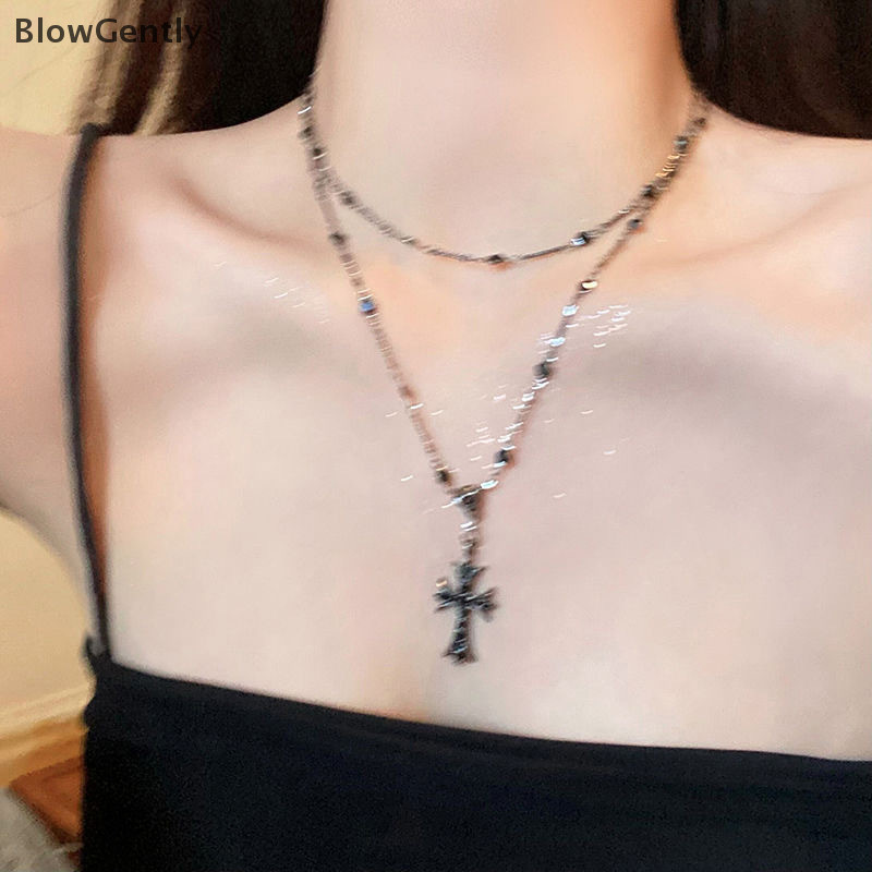 BlowGently Sweet Cool Women Cross Necklaces Hot Punk Black Zircon Bead Colar Pingente De Longa Camada Para Mulher Jóias Góticas Presente De Aniversário BG NOVEL