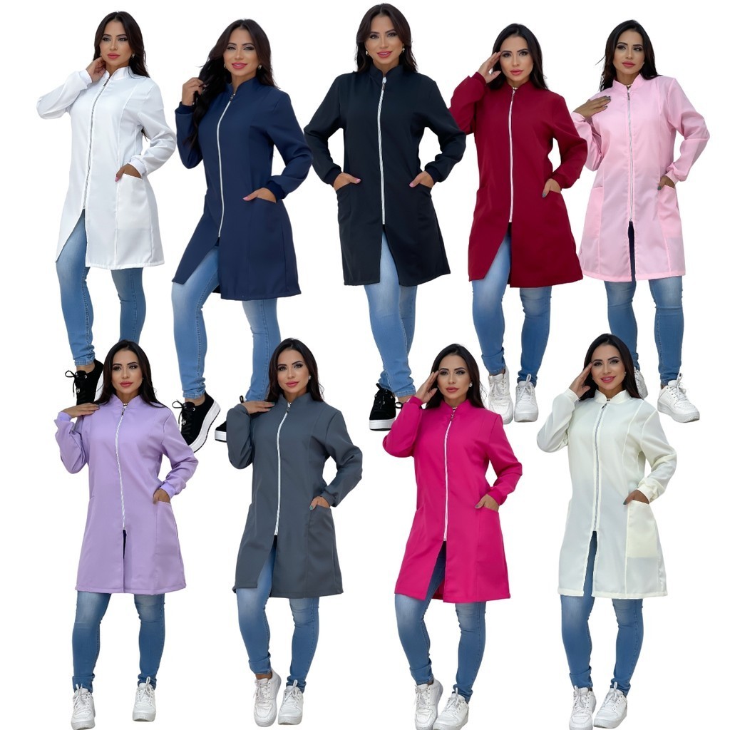 Jaleco Feminino Com Zíper Manga Longa Bolso Lateral Gola Padre Caimento Acinturado Tecido Premium em Oferta na Shopee