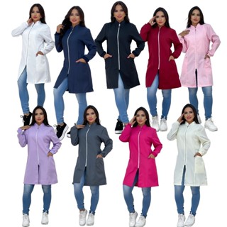 Jaleco Feminino Com Zíper Manga Longa Bolso Lateral Gola Padre Caimento Acinturado Tecido Premium em Oferta na Shopee