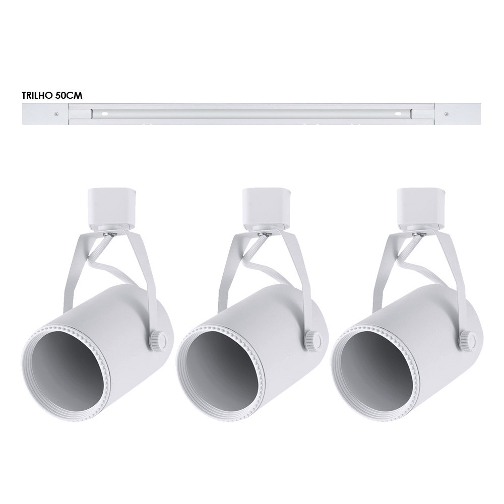 Kit trilho 50cm + 3 spots PAR20 Branco Residencial, Comercial, Área de lazer (Troca lâmpada)