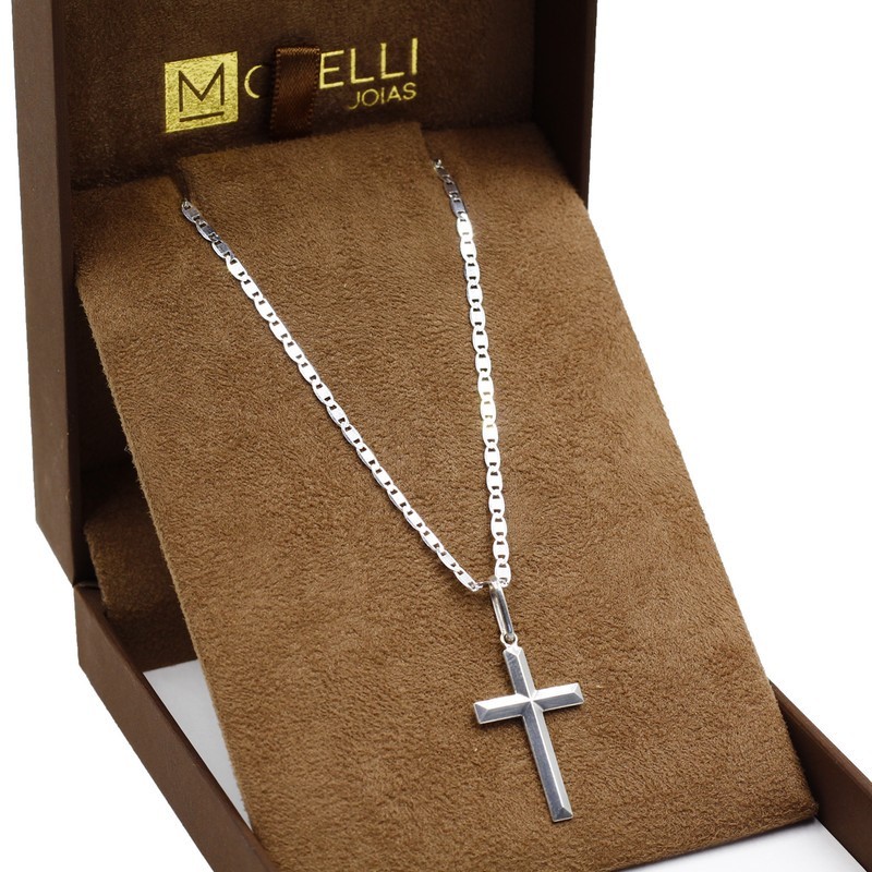 Corrente de Prata 925 Masculina Piastrine 60cm pingente crucifixo liso quinado em Oferta na Shopee