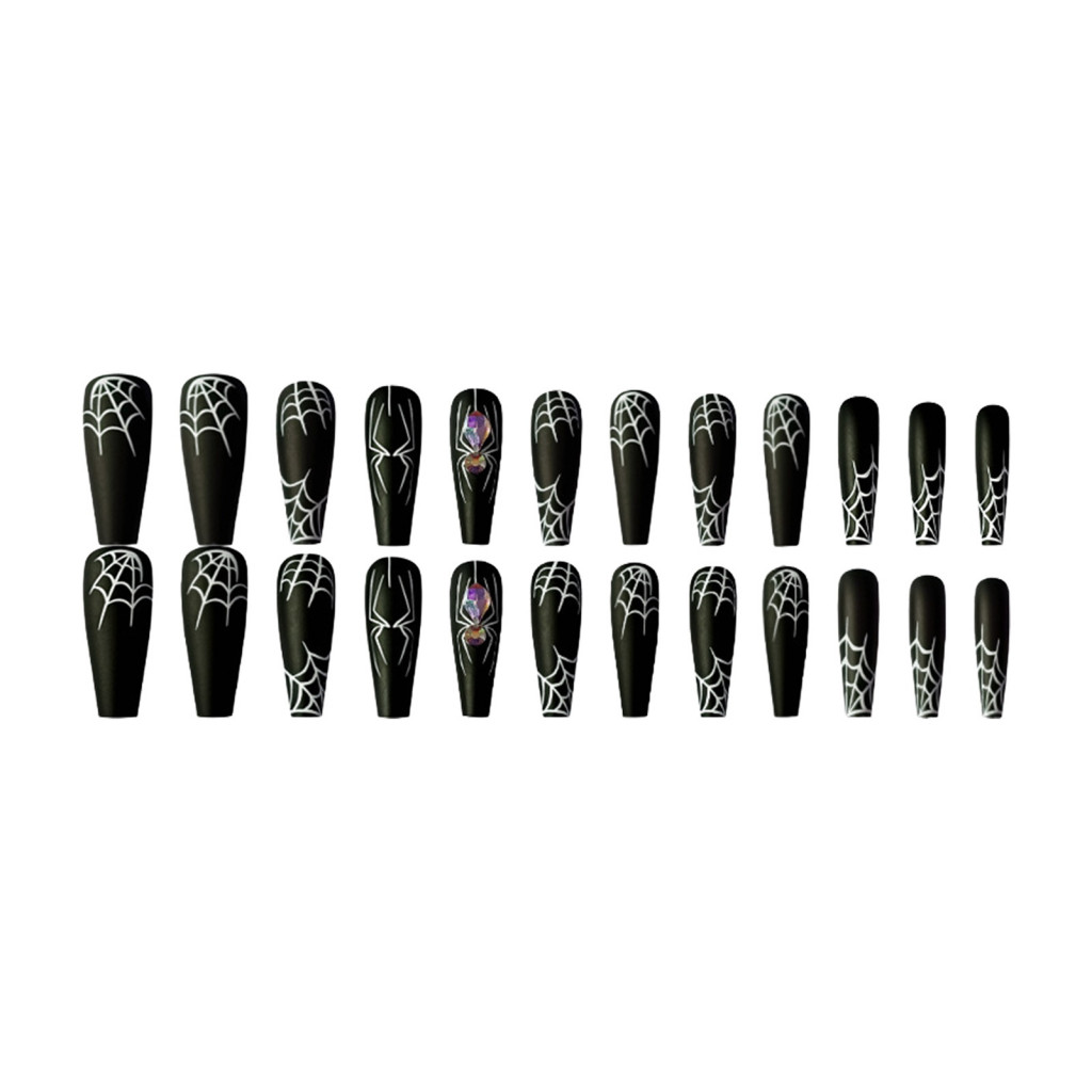 Halloween Party Nail Acrylic Nails Spooky Spider Web Fake Set with Glue Black Long Extension Kit for Women Girls Press on for Home