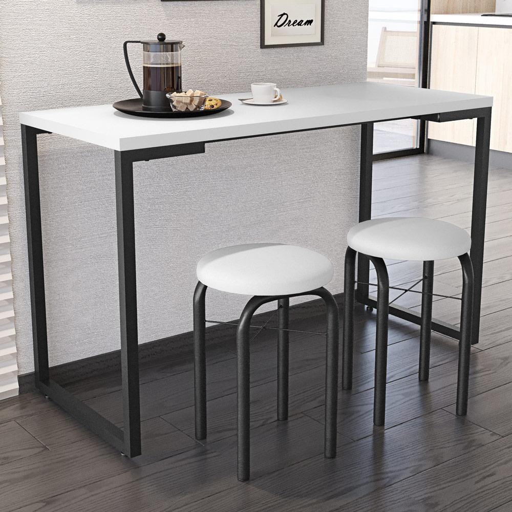 Mesa de Cozinha Bistrô Porto Branco 120cm com 2 Banquetas Industriais Maviê Branco/Preto - Mpozenato