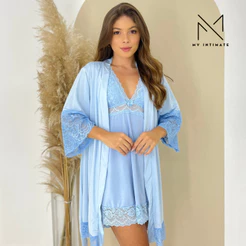 Kit de Robe e Camisola Luxo Sexy com Manga em Renda 307 + 301