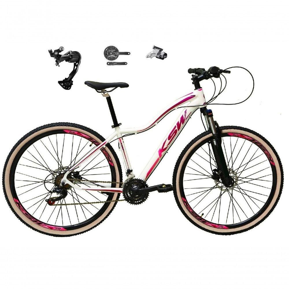 Bicicleta Feminina 29 Ksw Mwza Câmbio Alívio E Altus 27v F/hidráulico Garfo Trava Pneu Bege - Branco/pink/violeta Tam.15