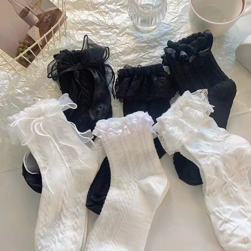 Mulher Meias Sólidas Preto Branco Lolita Rendas Plissado Verão Fino Estilo Japonês Kawaii Doce Meninas Bonito Curtas