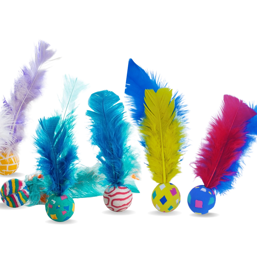 Kit c/6 Brinquedo Gato Ping Pula Bolinha de Silicone com Penas Antiestresse