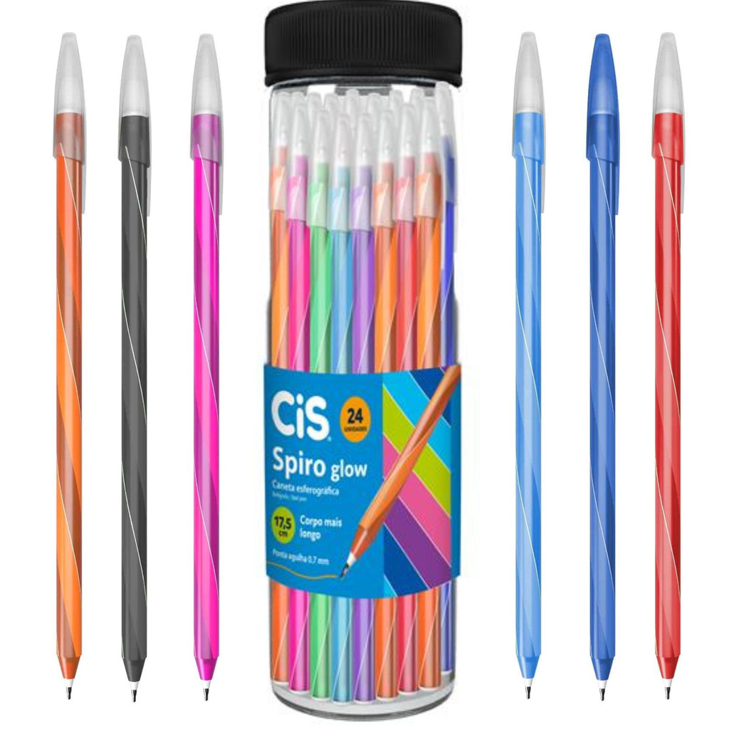 Caneta Esferográfica 0.7mm Spiro Glow Cores Sortidas Cis - 1 Pote Com 24 Unidades