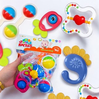 Brinquedos Para Bebê Kit com 4 pçs Chocalho e Mordedor Macio Colorido