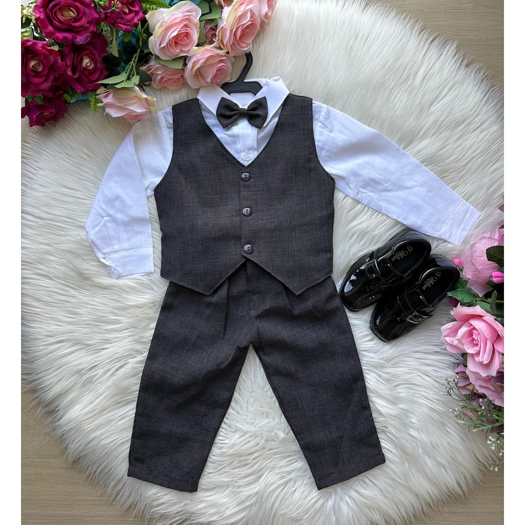 Conjunto Kit Terno Colete Infantil Social Casamento Menino Kit 5 Peças Colete Calça Camisa Gravata Cinto Preto