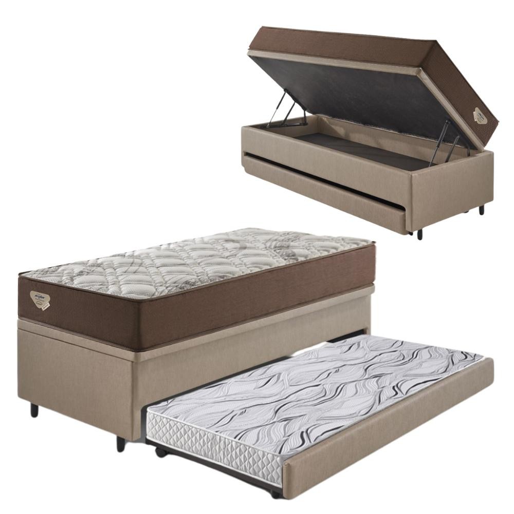 Bicama Box Baú com Courino Linho Bege 96x203 com Colchão Relax Adorabile Molas Ensacadas Ecoflex