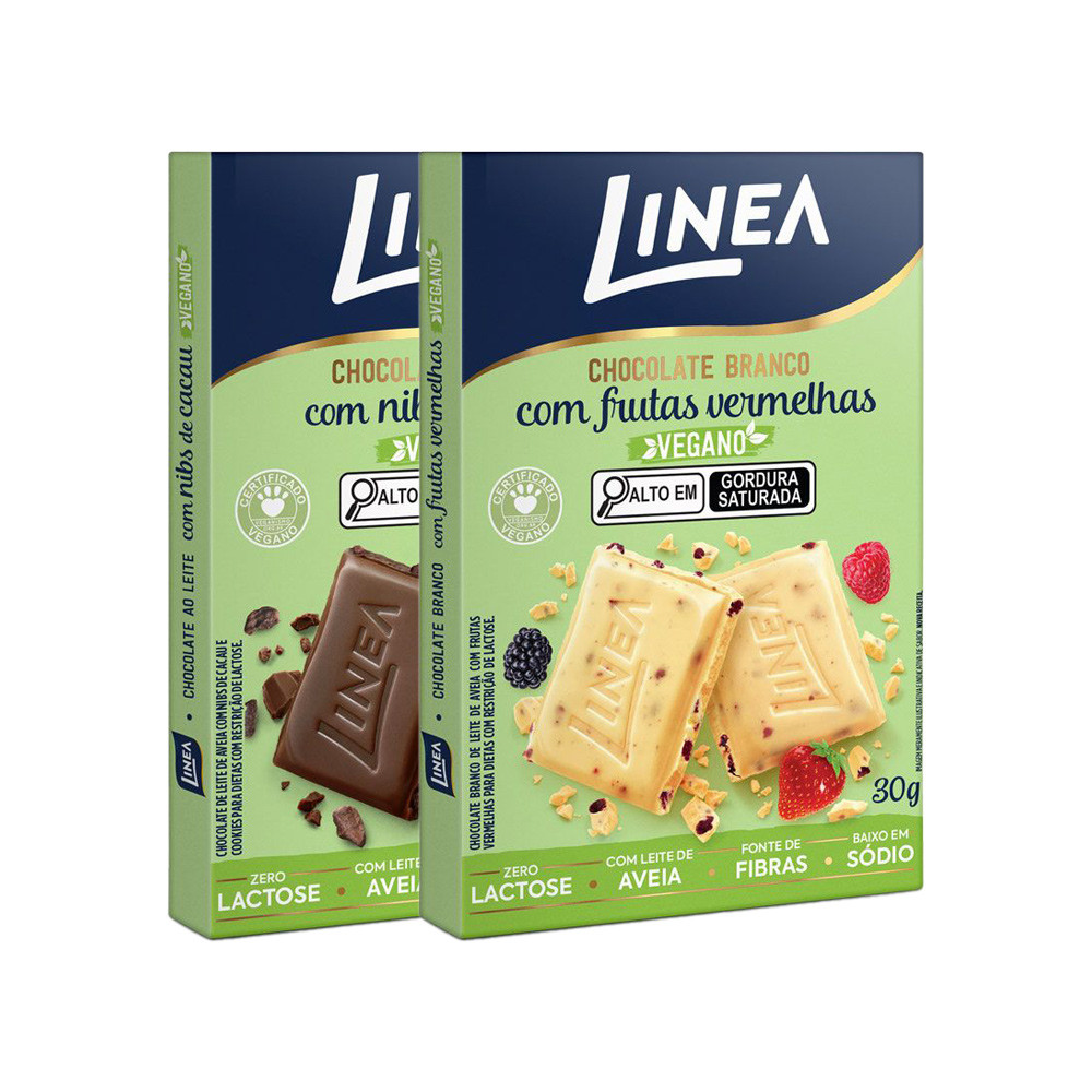 Kit 2 Chocolates Individuais Veganos Linea Sabor Ao Leite com Nibs de Cacau e Branco com Frutas Vermelhas de 30g