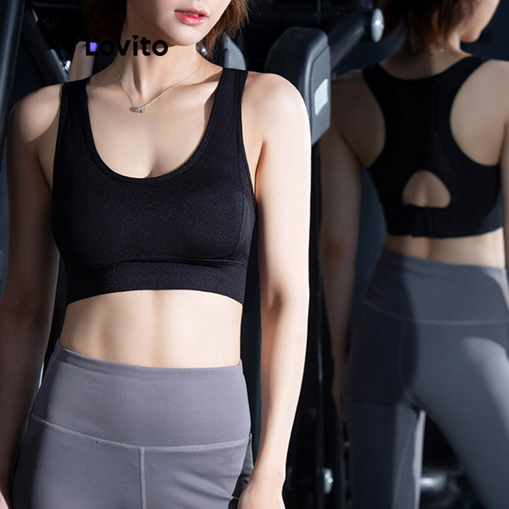 Detalhes do Lovito Sutiã esportivo esportivo liso com fivela de malha contrastante para mulheres LNL851664