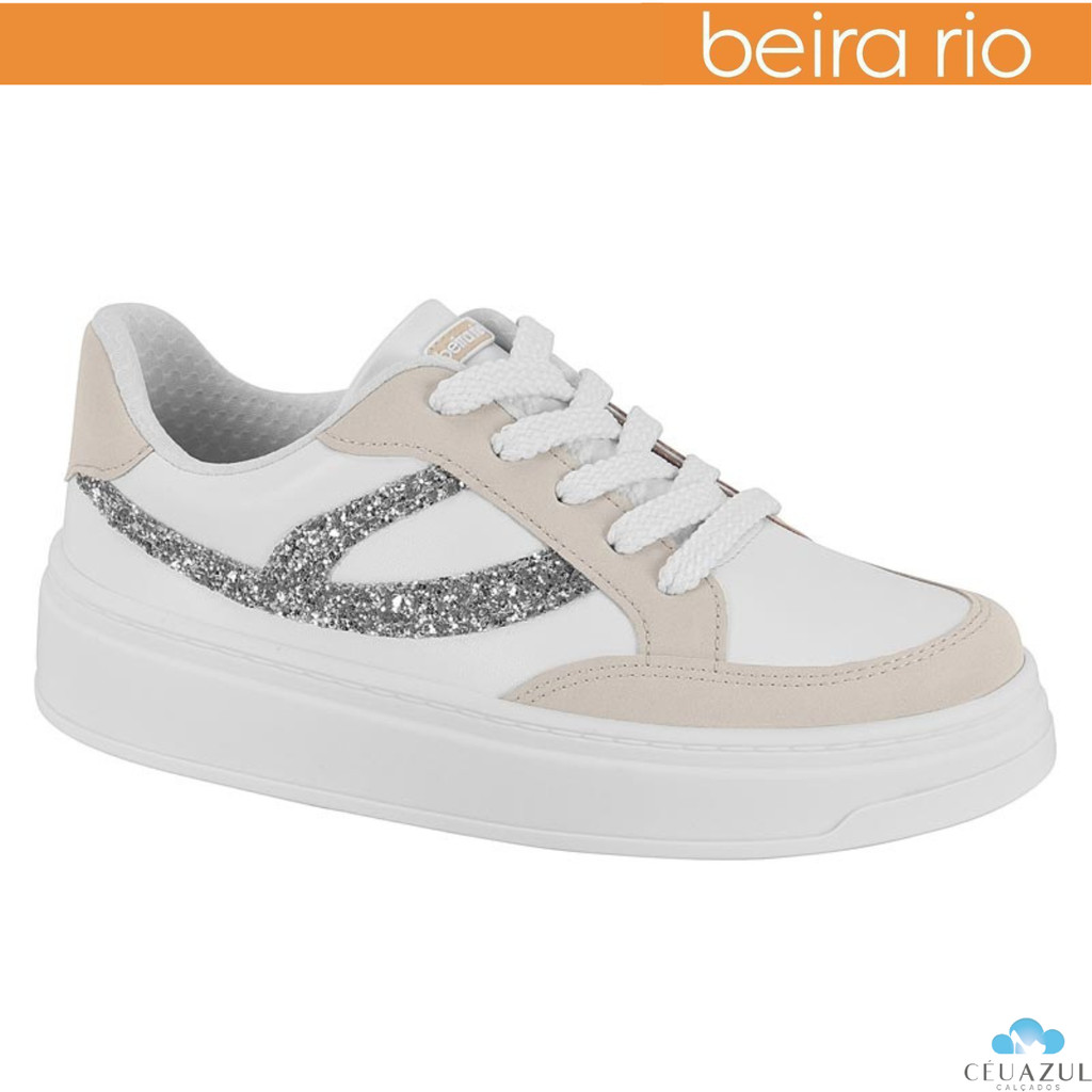 Tênis Casual Feminino Beira Rio Branco Detalhe Glitter Prata Recortes Bege em Oferta na Shopee