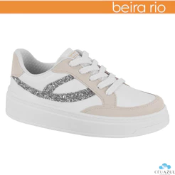 Tênis Casual Feminino Beira Rio Branco Detalhe Glitter Prata Recortes Bege