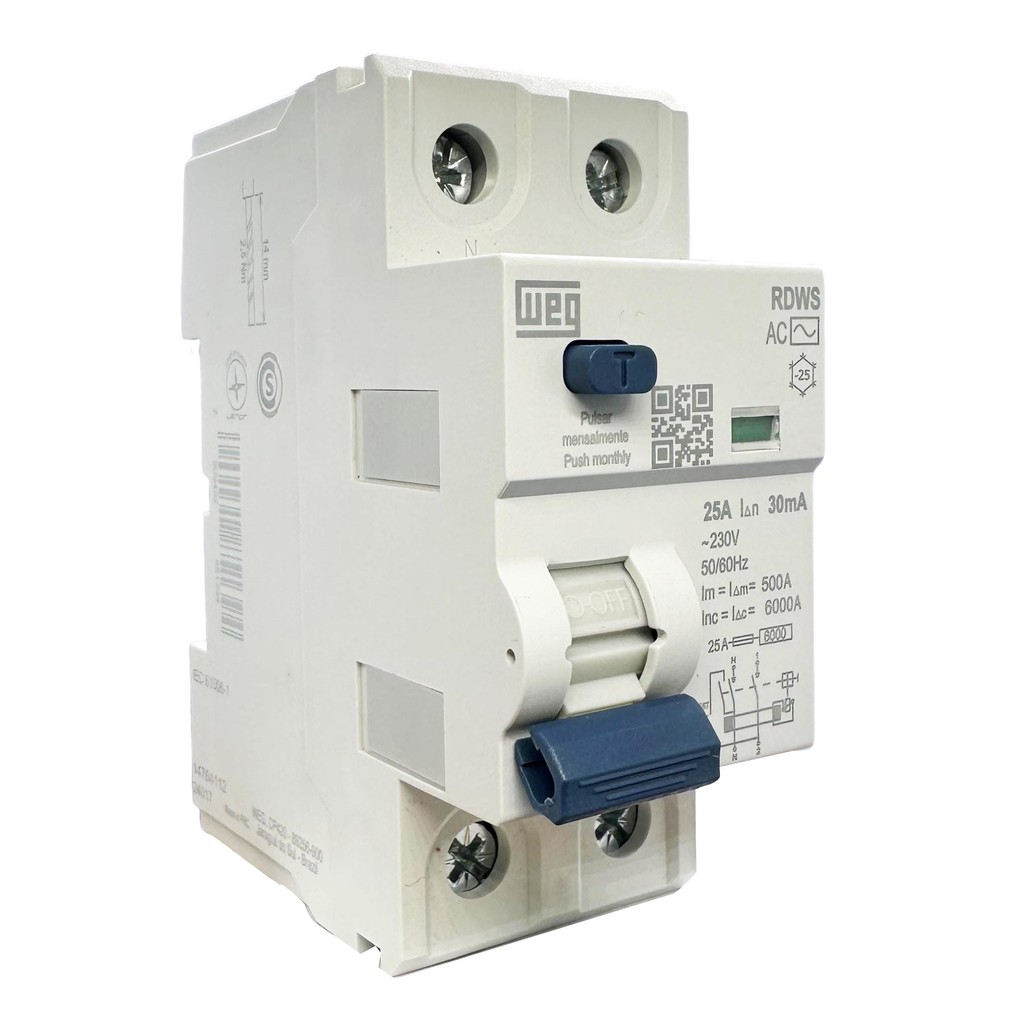 INTERRUPTOR DR IDR BIPOLAR RDWS AC 30MA 25A WEG INTERRUPTOR DIFERENCIAL RESIDUAL FUGA DE CORRENTE