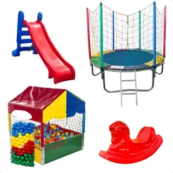 Kit Cama Elástica 1,83m + Piscina De Bolinhas Quadrada 1,00m + 500 Bolinhas + Escorregador Médio + Gangorra 1 Lugar