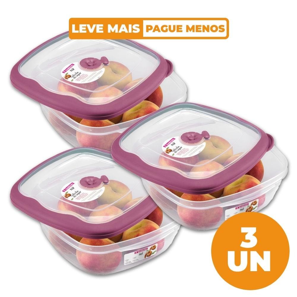 Kit 3 Potes Plásticos Quadrados Herméticos Açaí 2,7L Flor Sanremo