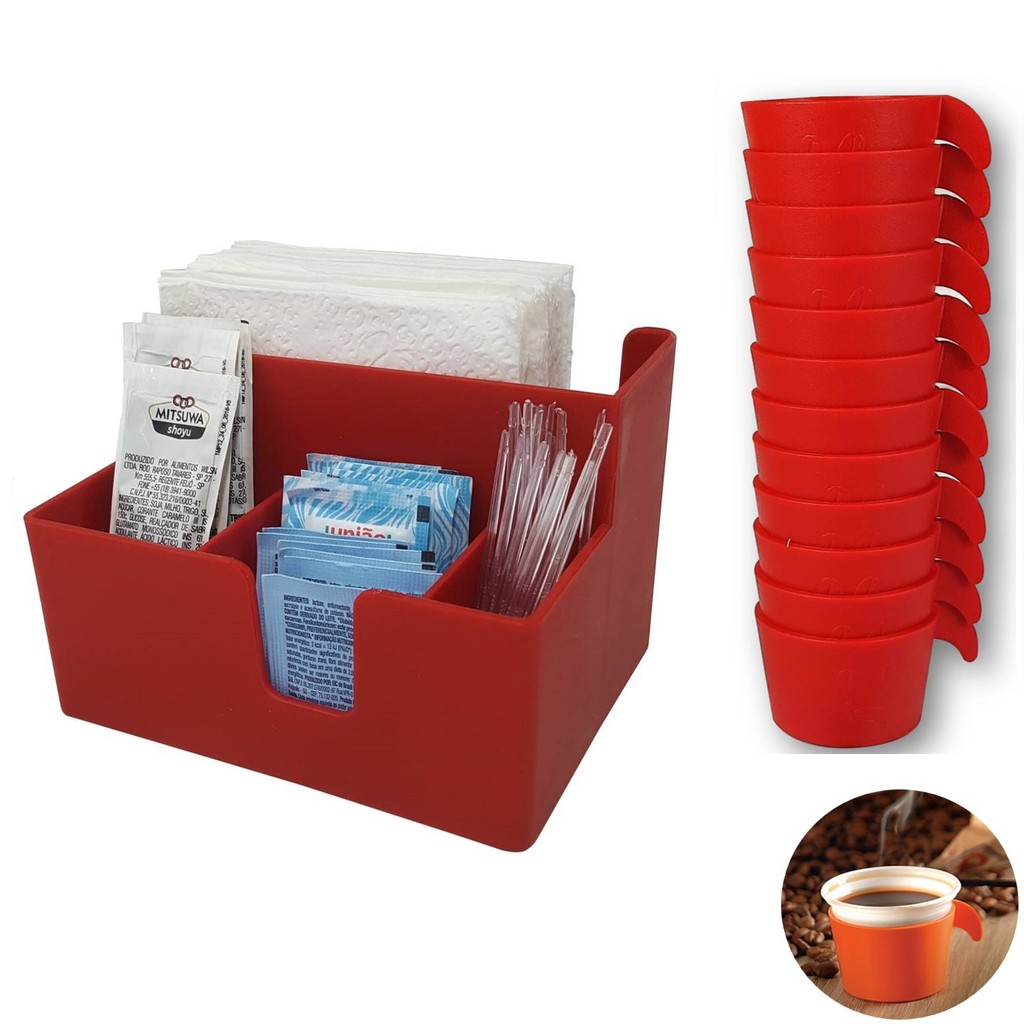 Organizador Sachês De Mesa Guardanapos Mexedor Açúcar e 12 Porta Copos Descartável 50/80ml Vermelho - Coza