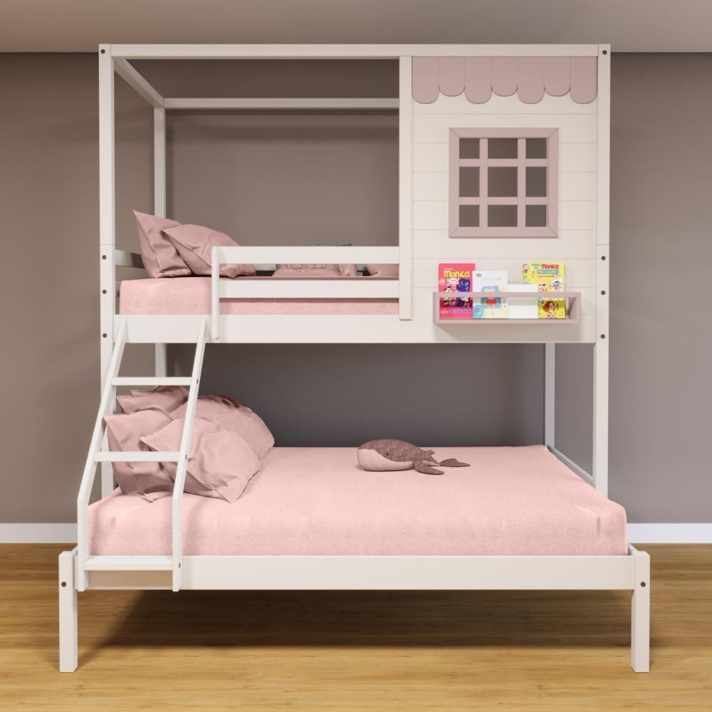 Beliche Casinha Casal/Solteiro Madeira Branco/Rosa em Oferta na Shopee