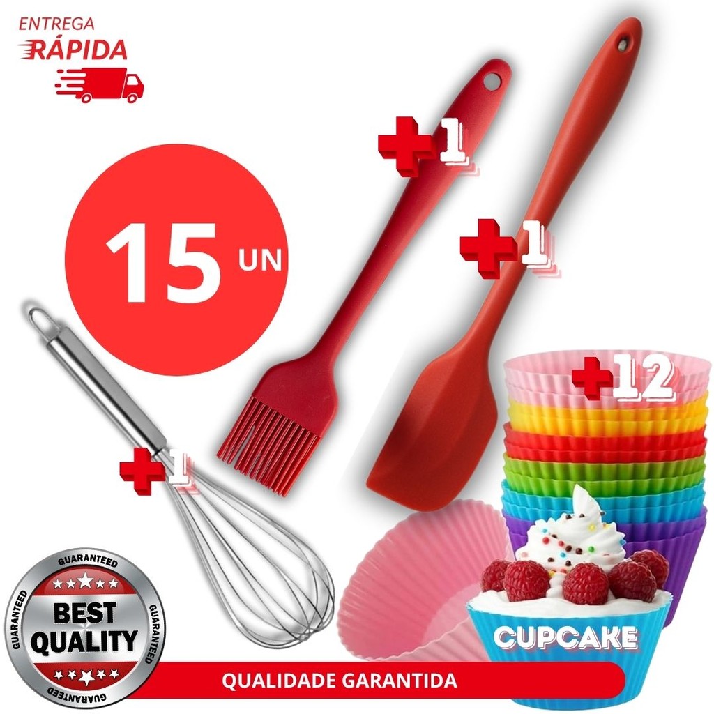 Jogo 15 Peças Pincel Forma de Silicone e Fue Premium Utensílio de Confeitaria Cozinha Culinária 26cm