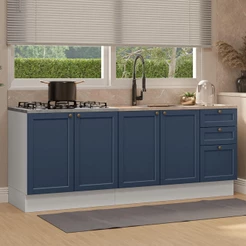 Kit com 2 Balcões de Cozinha 3 Gavetas 4 Portas (Sem Tampo e Pia) Branco/Azul Vik Madesa 01