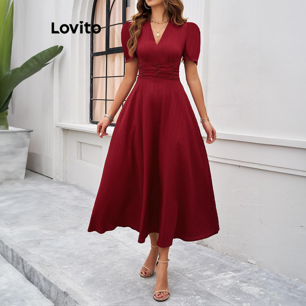 (Trendy) Lovito Vestido Elegante Vestido Liso Franzido Para Mulheres LNL71064 - Women Clothes