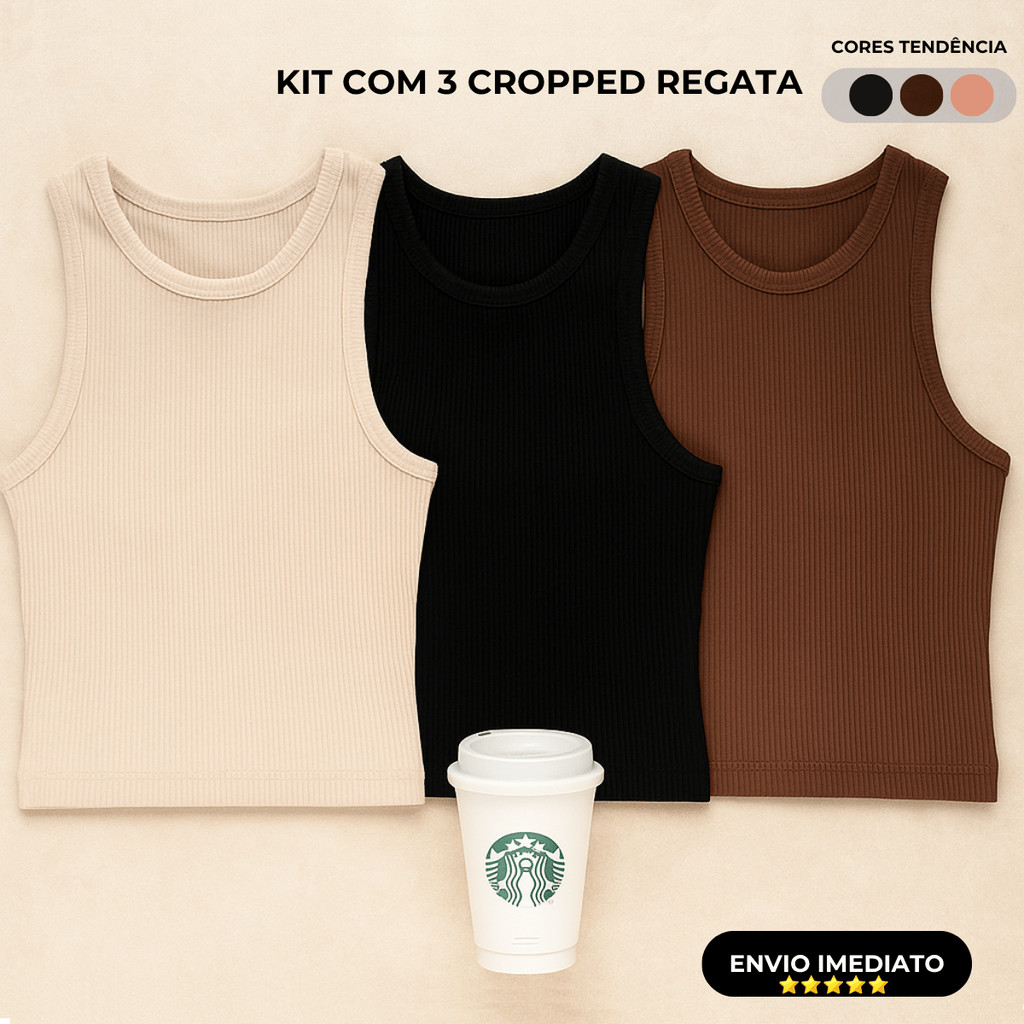 Kit 3 Blusas Feminina Cropped Regata Ribana Casual e Confortável Estilosa Elegante