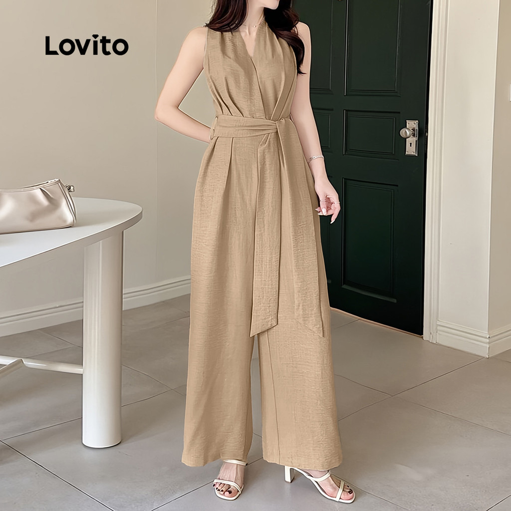 Detalhes do Lovito Macacão Casual Liso Com Cinto Plissado Verão Primavera Cáqui Para Mulheres L134ED326