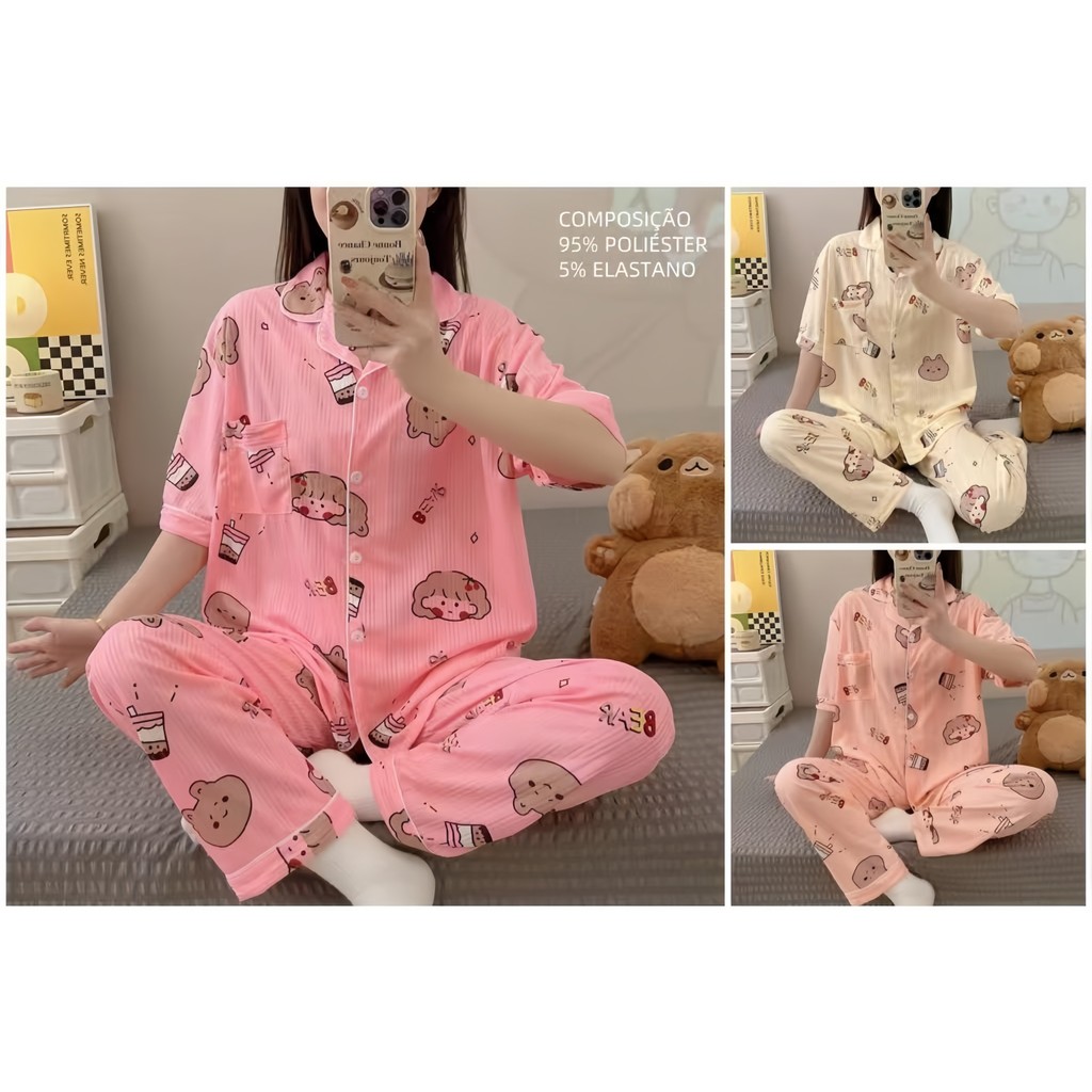 Pijamas Feminino Americano Adulto Curto Longo Malha amamentação Com Botões Frio e Calor