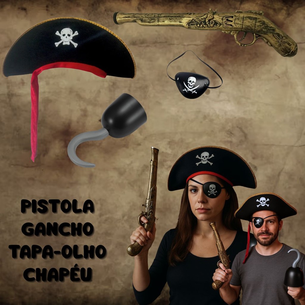 Kit Fantasia Pirata Pistola Brinquedo Gancho Chapéu Tapa Olho Festa Halloween Acessórios Cosplay