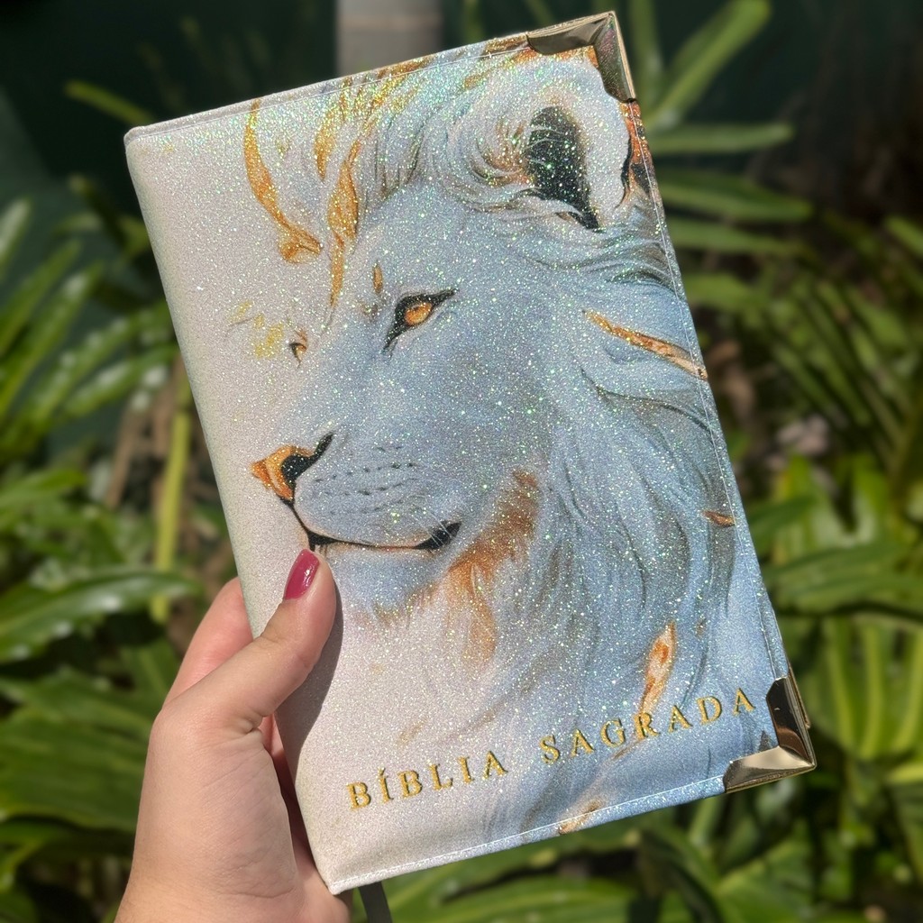 Biblia Leão Glitter branco com borda Dourada ARC com Harpa em Oferta na Shopee