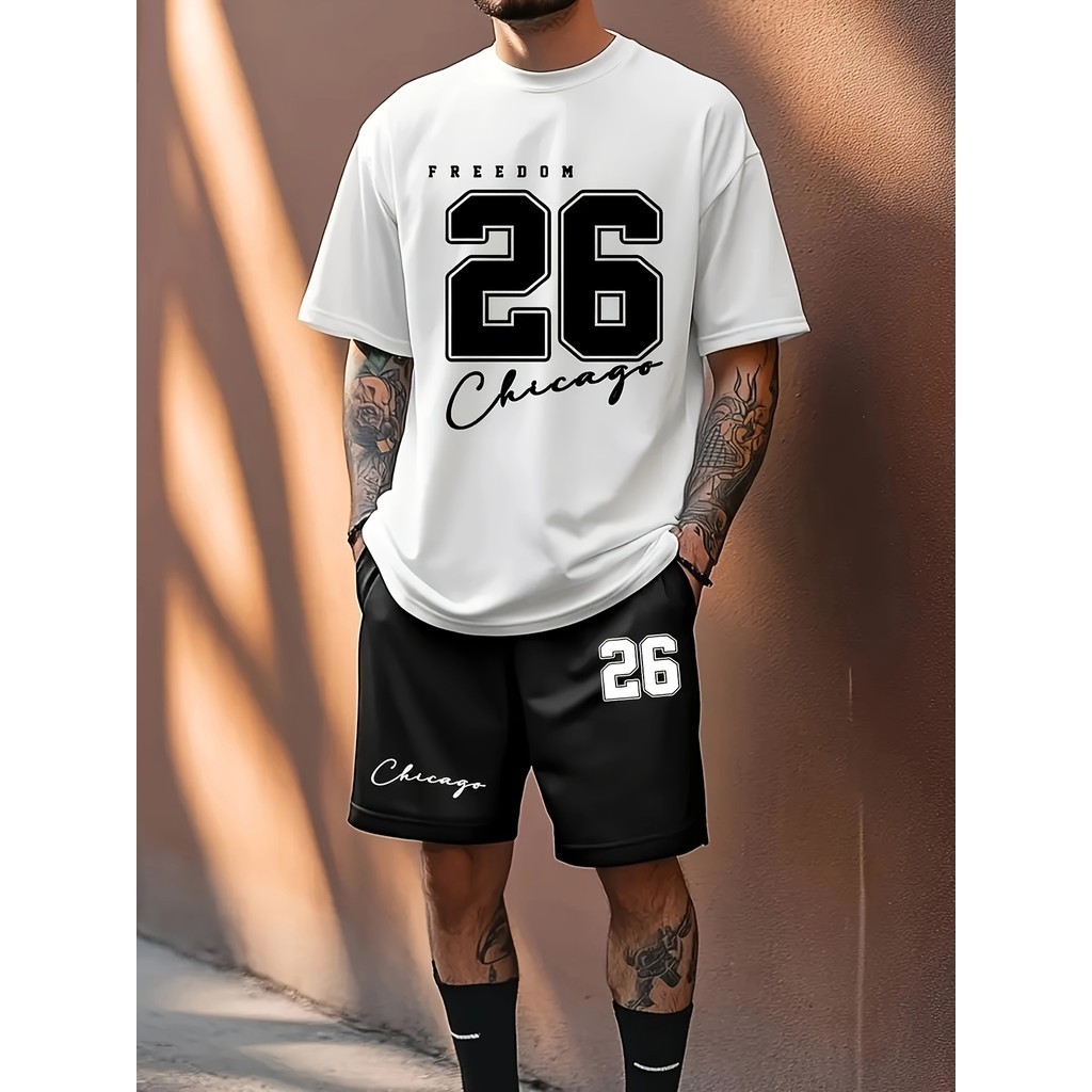 Conjunto esportivo casual masculino - Camiseta e shorts de poliéster com gola redonda, ajuste regular, tecido de malha