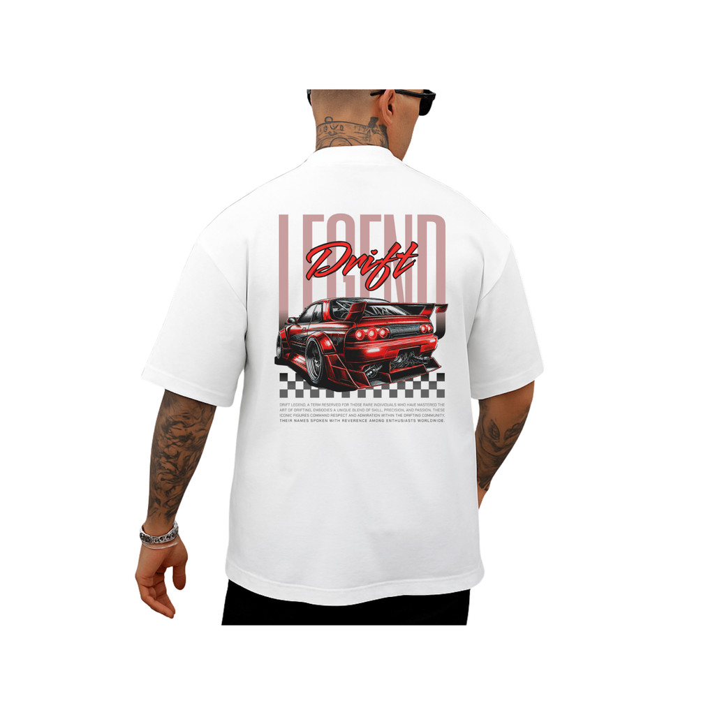 Camiseta Oversized Branca Confortável Algodão Modelo: "Carro Esportivo Legend Drift" - Novidade para Academia