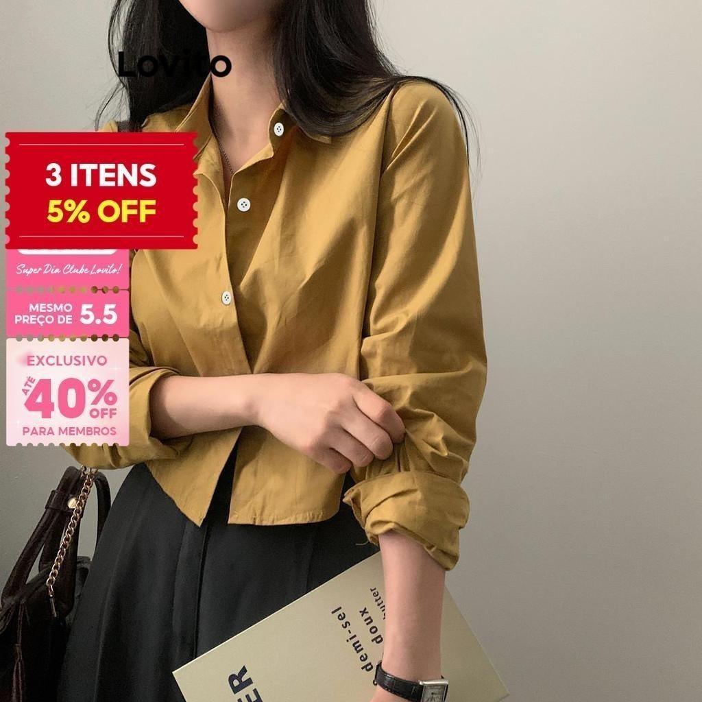 (Trendy) Lovito Casual Blusa Feminina Lisa Básica com Botão Frontal LNE43603