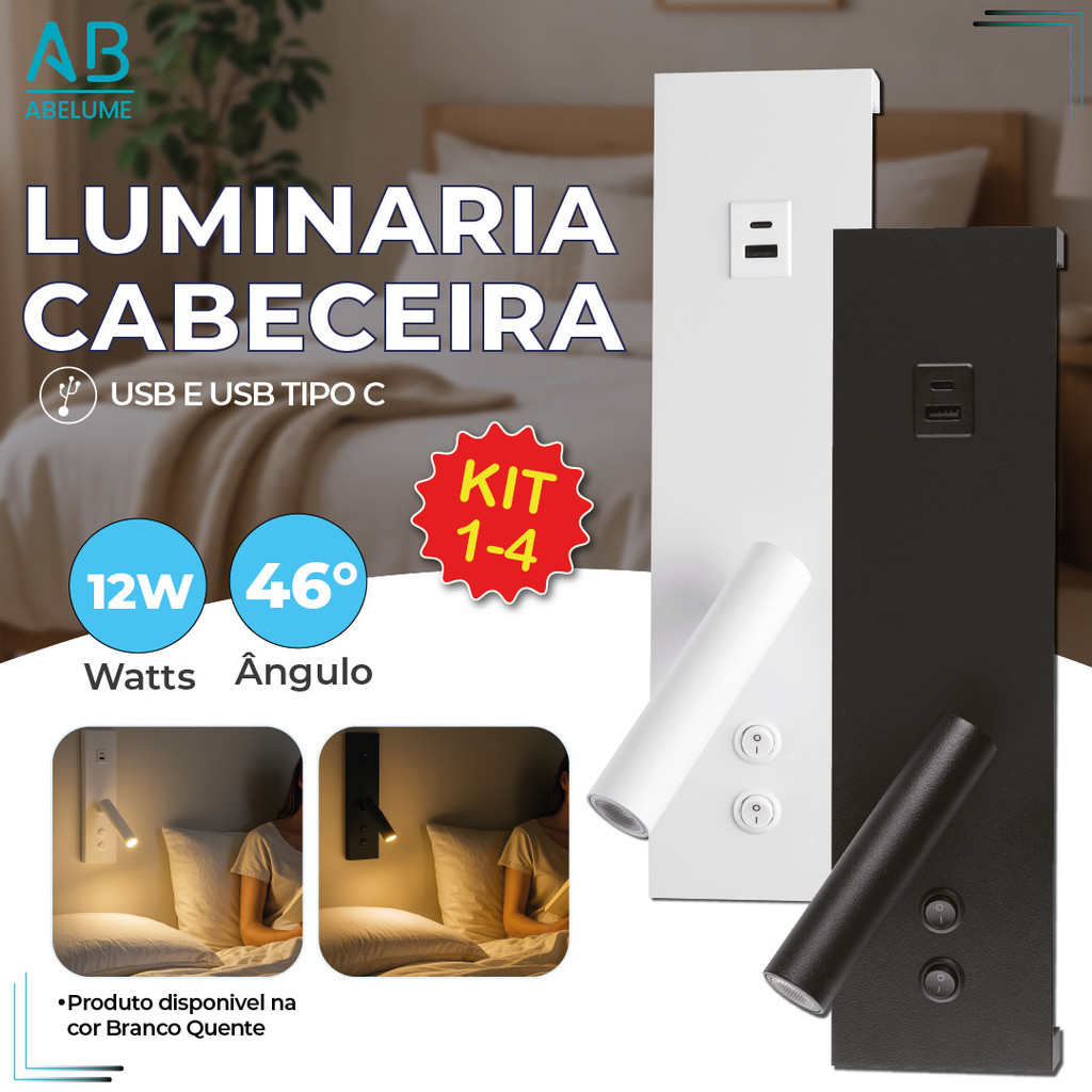 Luminária Arandela para Cabeceira Led 12W Com Carregamento USB Luz Quente Bivolt