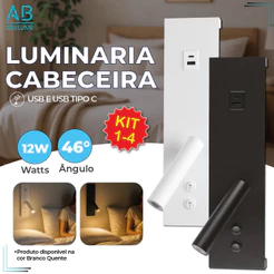 Luminária Arandela para Cabeceira Led 12W Com Carregamento USB Luz Quente Bivolt