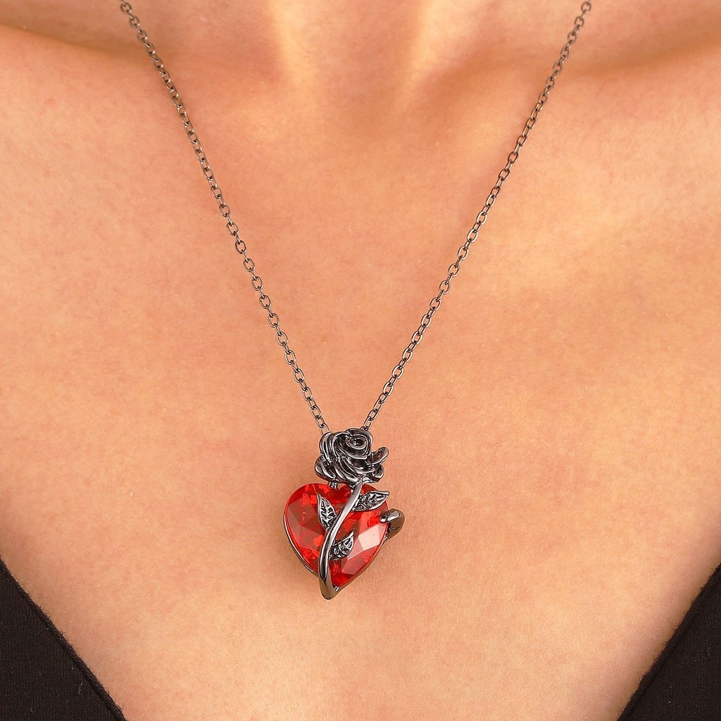 Colar Feminino Coração Vermelho Rosa Pedra Brilhante Romântico Gótico Elegante Presente