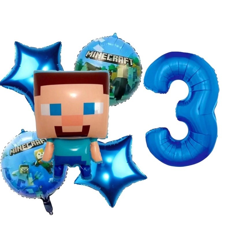 Kit Festa 5 Balão Minecraft + Balão Redondo + Número Azul + Estrela Metalizado Decoração