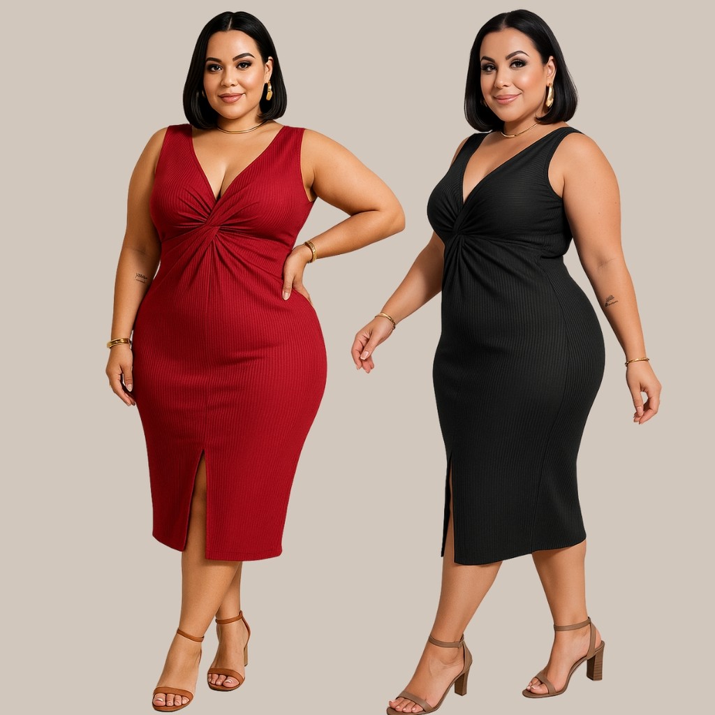 Kit 2 Vestidos Regata Plus Size Feminino Midi Canelado Elastano gola em V fenda Frontal moda Casual moderna feminina
