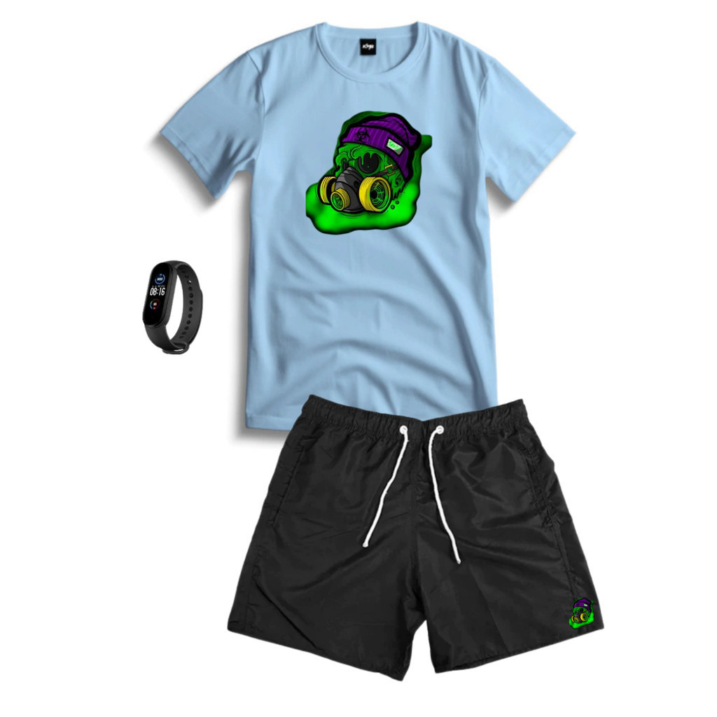 Conjunto Kit Masculino MASKGAS Camisa 100% Algodão + Bermuda Tactel Estampada + Relogio Digital