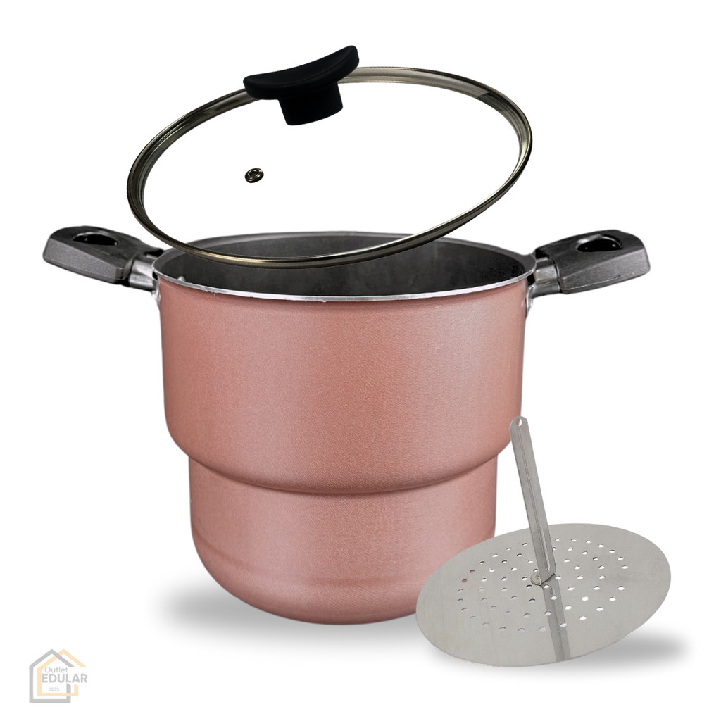 Cuscuzeira 16 cm 5 camadas de Antiaderente Teflon com Tampa de Vidro Cor Rose e Preto