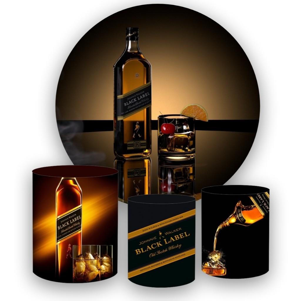 Kit Painel Redondo em tecido sublimado 1,5 + 3 Capas de Cilindros BEBIDA Black Label