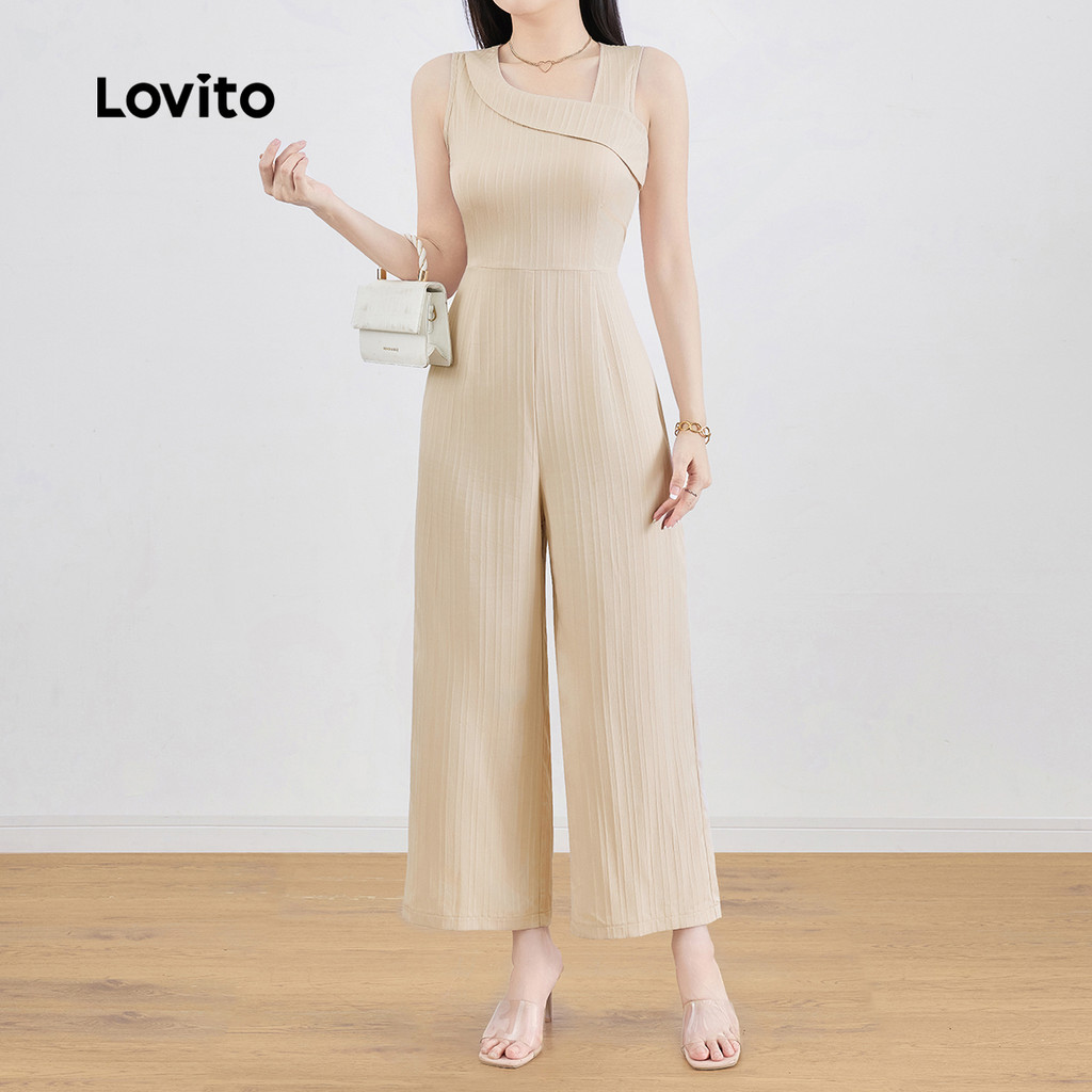 Detalhes do Lovito Macacão Casual Assimétrico com Zíper Primavera/verão Cor Cáqui para Mulheres L137ED305