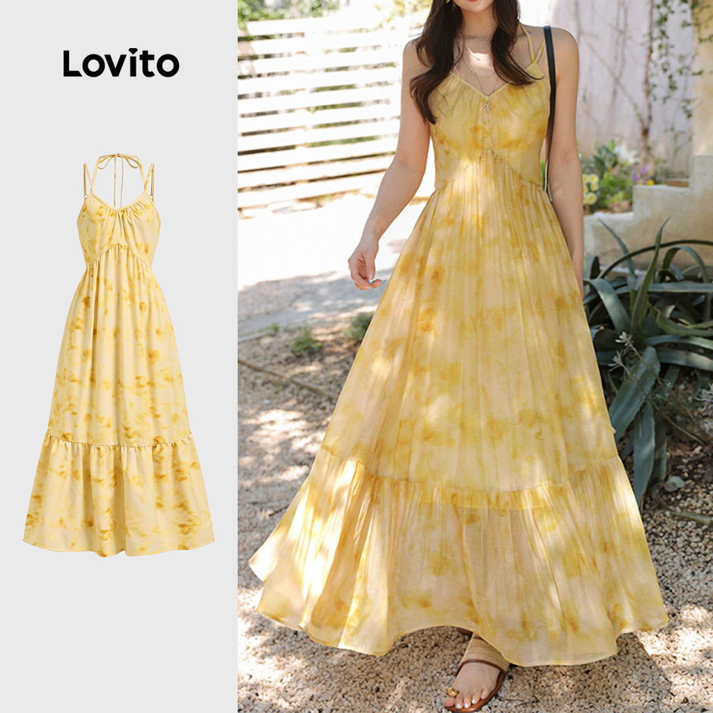 (New) Lovito Vestido Boho com Zíper  Franzido  Cor de Primavera/verão  Vestido Amarelo para mulheres L142LD169 em Oferta na Shopee