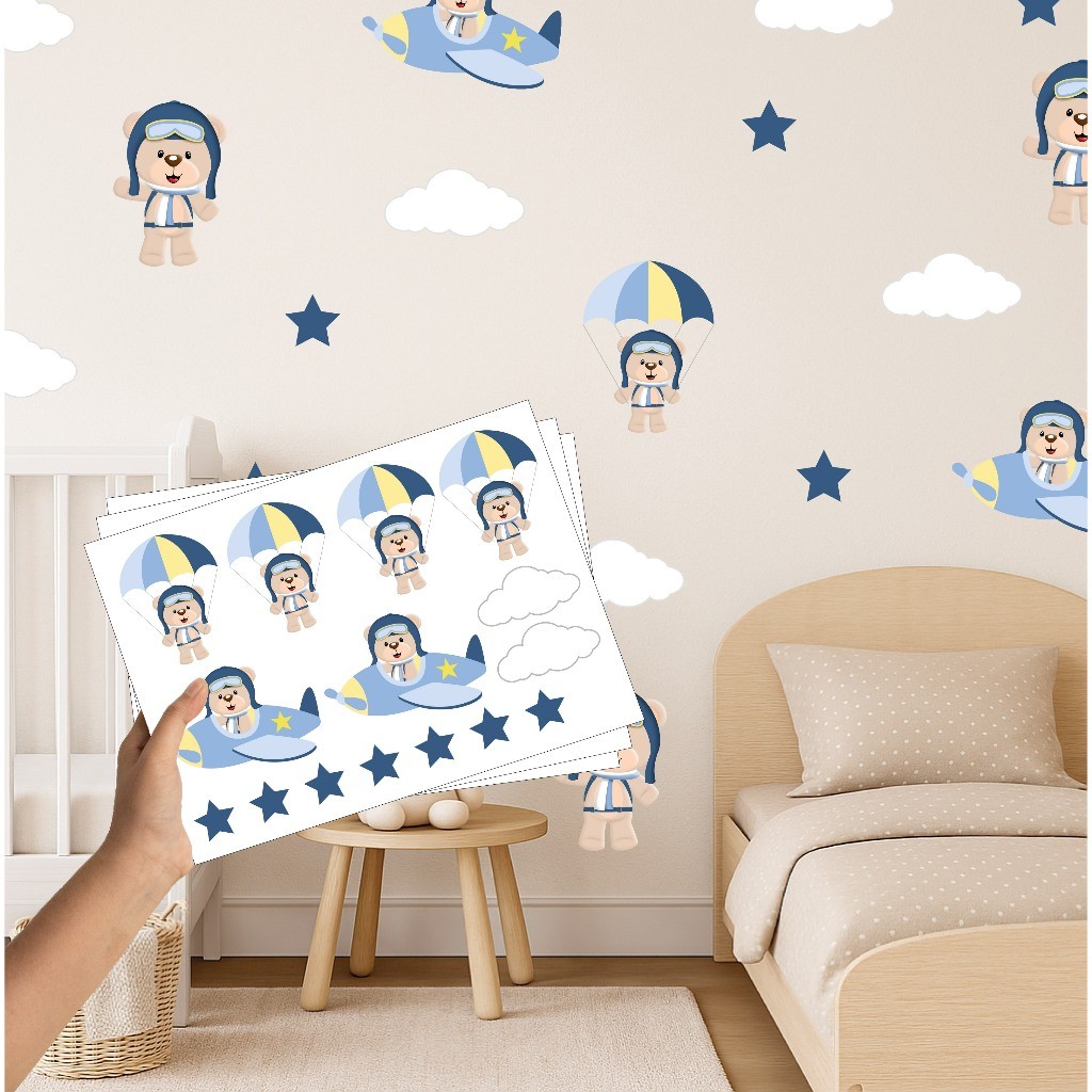 Adesivo Para Parede Ursinho Aviador, Urso Aviador, Decoração Avião, Quarto de Menino Urso