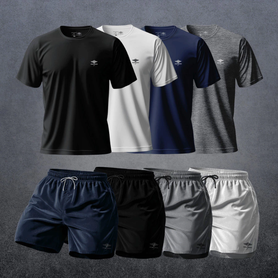 Kit 4 Camisetas Dry Fit Manga Curta e Raglan e 4 Short Mauricinho Academia Esporte Praia — imagem 1