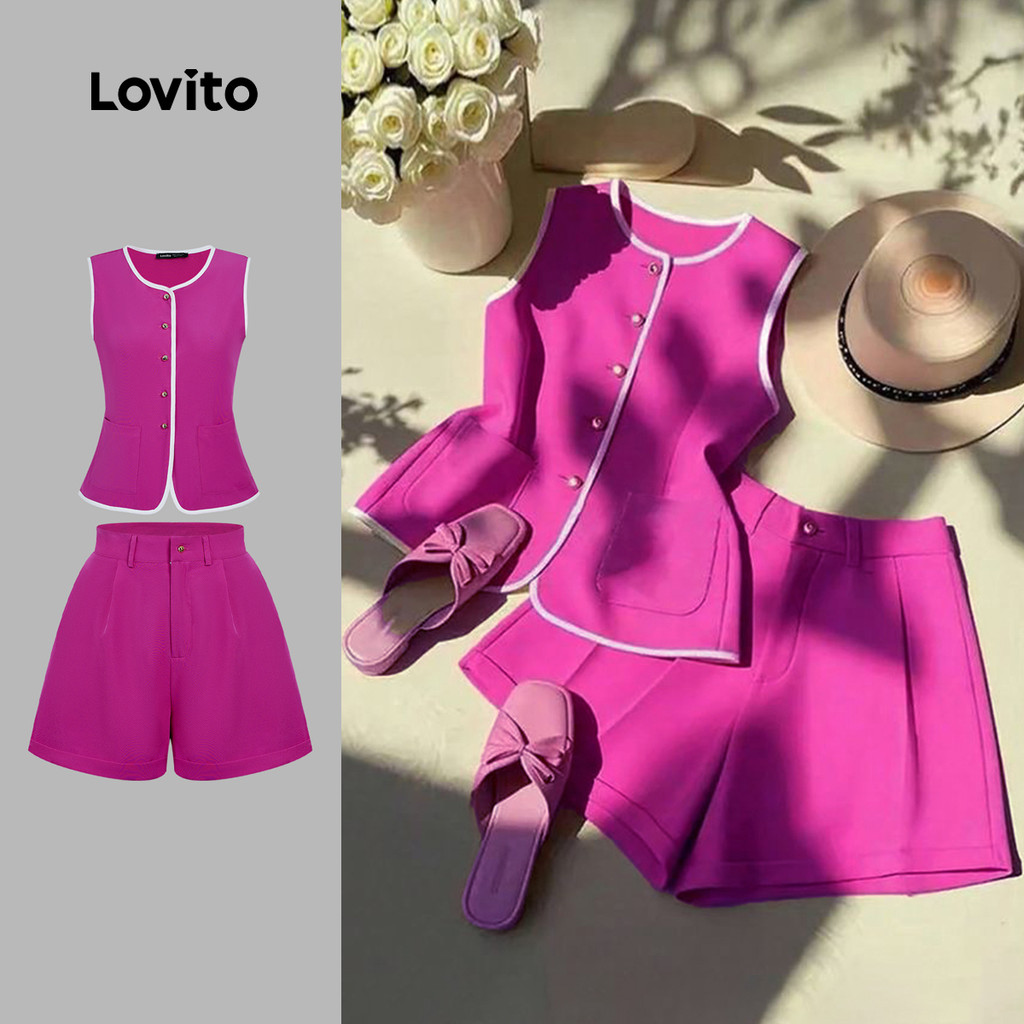 Lovito Conjuntos Elegantes de Shorts com Acabamento em Contraste Bolso Primavera/verão Vermelho rosa L143ED537 em Oferta na Shopee