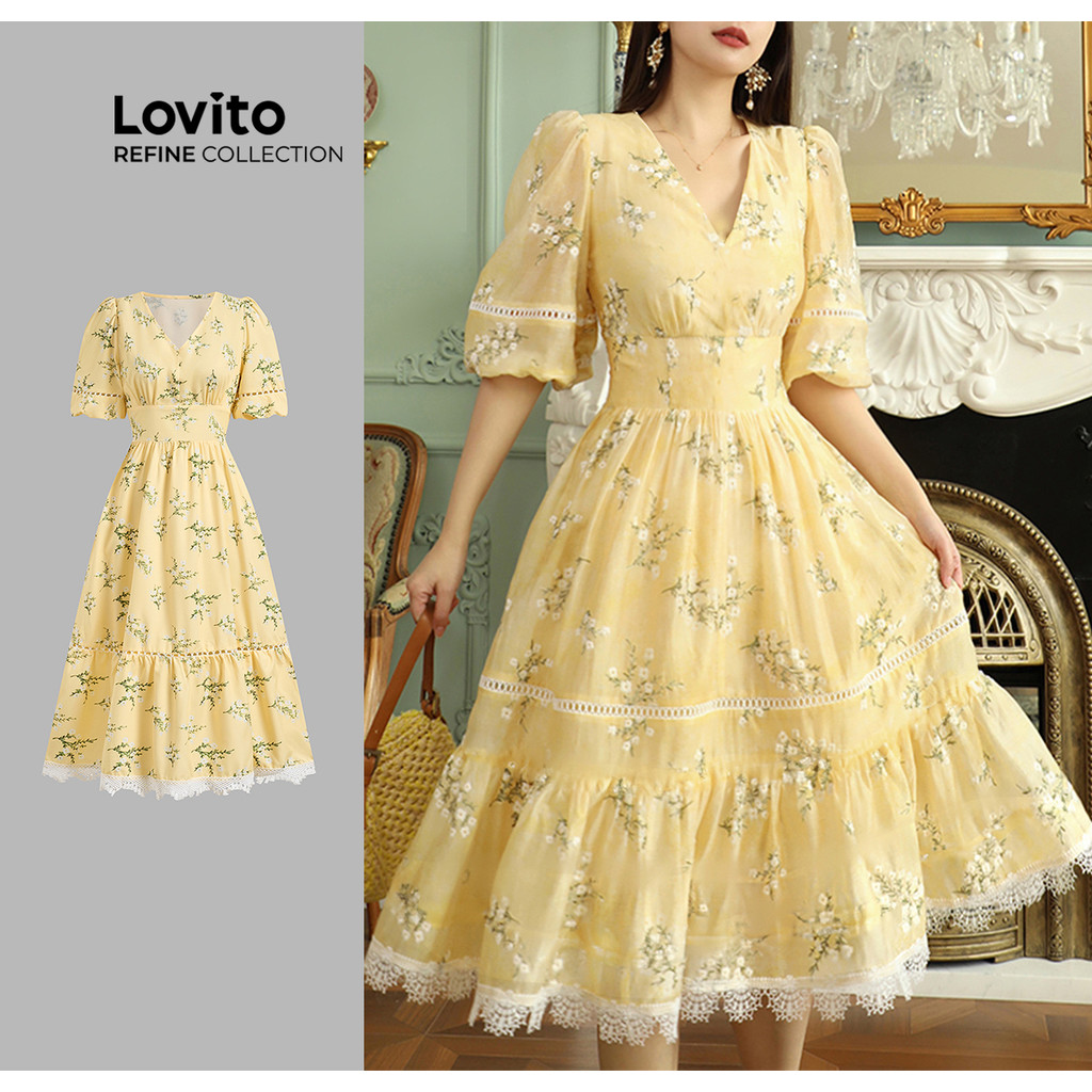 (Lovito Refine) Vestido Elegante Amarelo Floral Zíper Gola Babados Duas Camadas Primavera/verão Para Mulheres LR13L170 em Oferta na Shopee